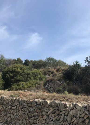 Vista de un cerro verde con cielo azul y una pared de piedra en primer plano.